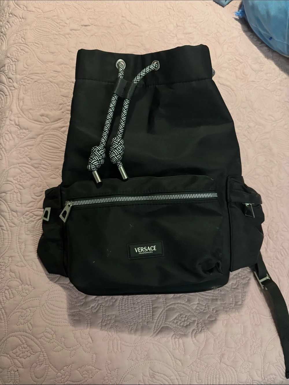 Versace Black Drawstring Backpack with Front Zip Pocket
